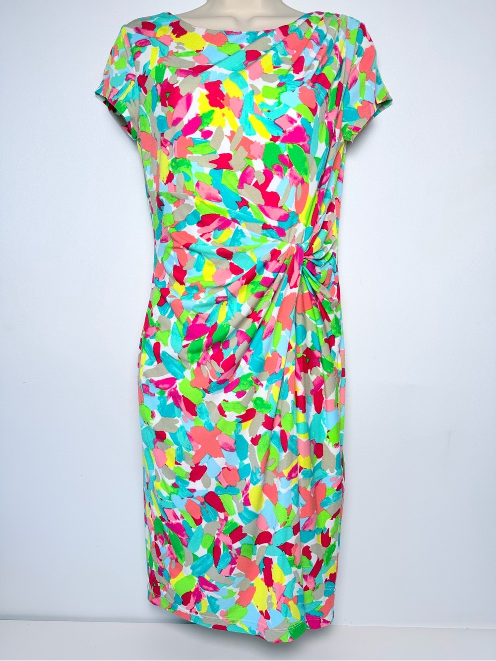 Ellen Tracy Women's Size 2 S/M Short-Sleeve Multi-Color Silky Stretch Dress